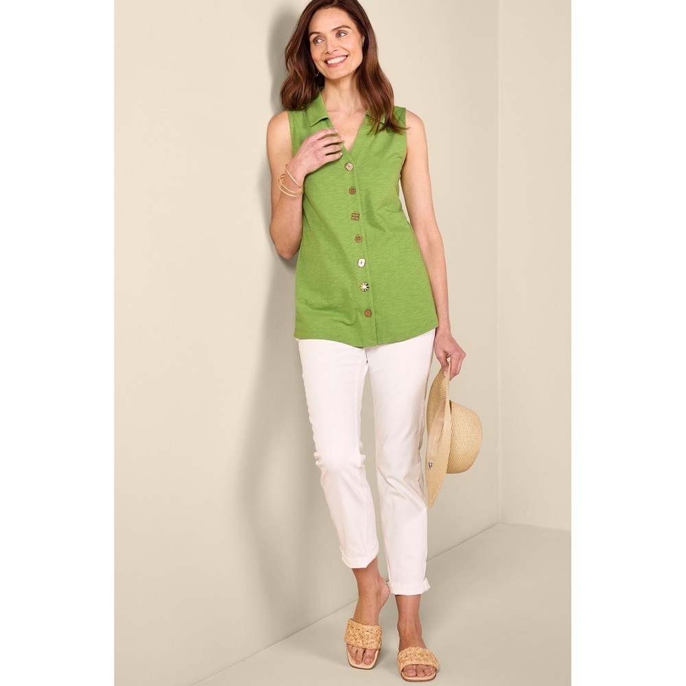 Soft Surroundings Danielle Tunic Top Size M Green Ornate Buttons Sleeveless NWOT